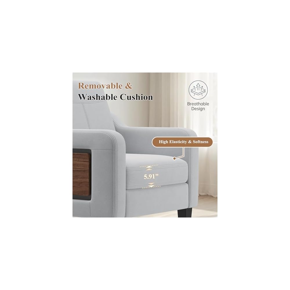 Accent Chair for Living Room, Mid-Century Upholstered Armchair with Foldable Table & 2 Side Pockets, Modern Linen Wooden Sofa Chair for Bedroom & Reading Room, Light Grey