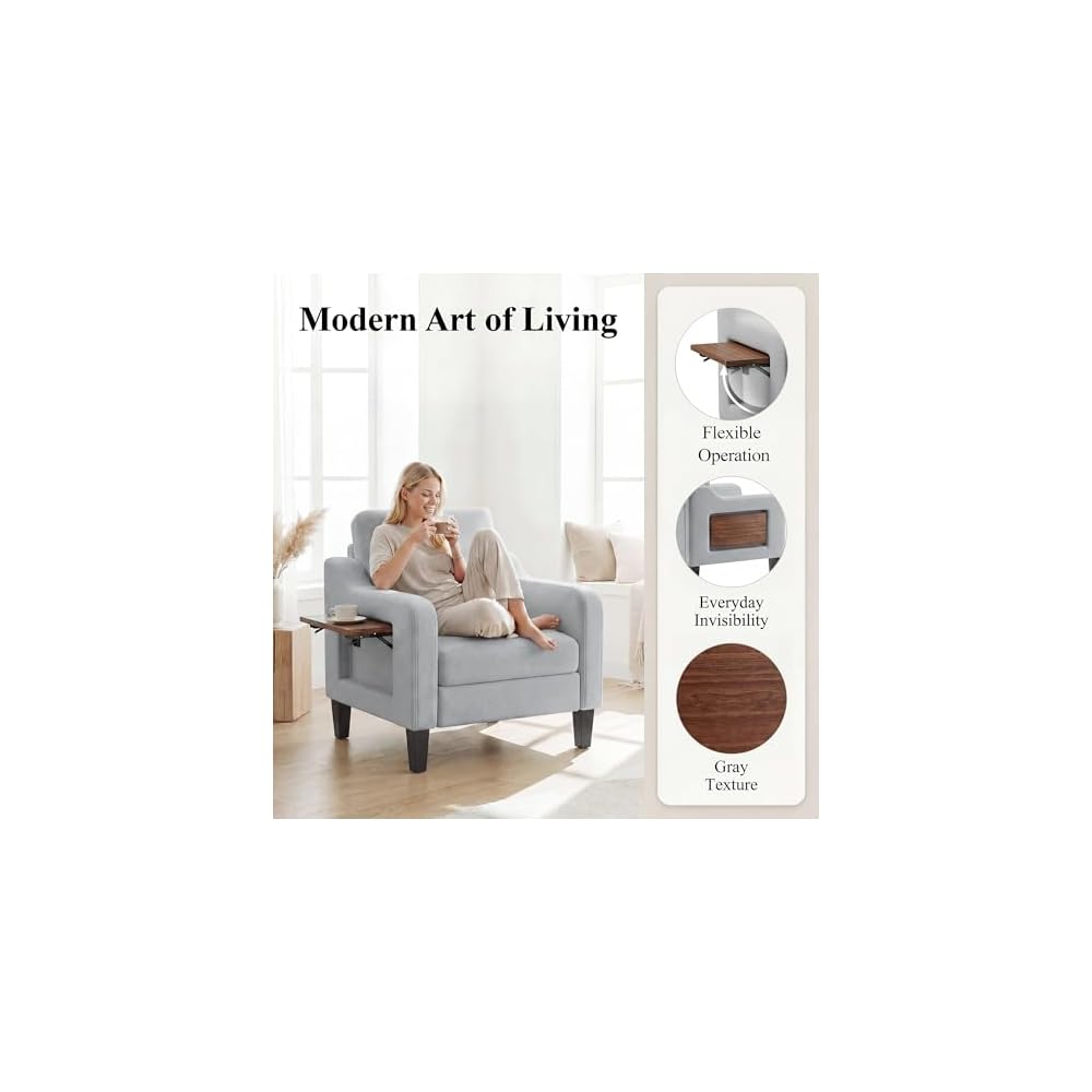Accent Chair for Living Room, Mid-Century Upholstered Armchair with Foldable Table & 2 Side Pockets, Modern Linen Wooden Sofa Chair for Bedroom & Reading Room, Light Grey