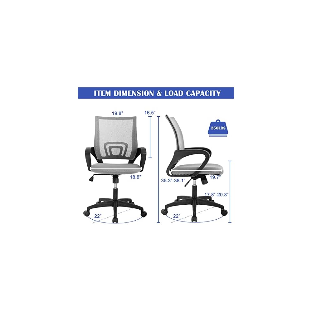 FLL Ergonomic Adjustable Office Chair Mesh Computer Desk Executive Task Chair Adjustable Height,Swivel Computer Mesh Chair Task Chair Lumbar Support Armrest for Home Office,Grey, 19 x 20 x 38 inches