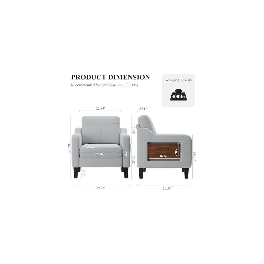 Accent Chair for Living Room, Mid-Century Upholstered Armchair with Foldable Table & 2 Side Pockets, Modern Linen Wooden Sofa Chair for Bedroom & Reading Room, Light Grey