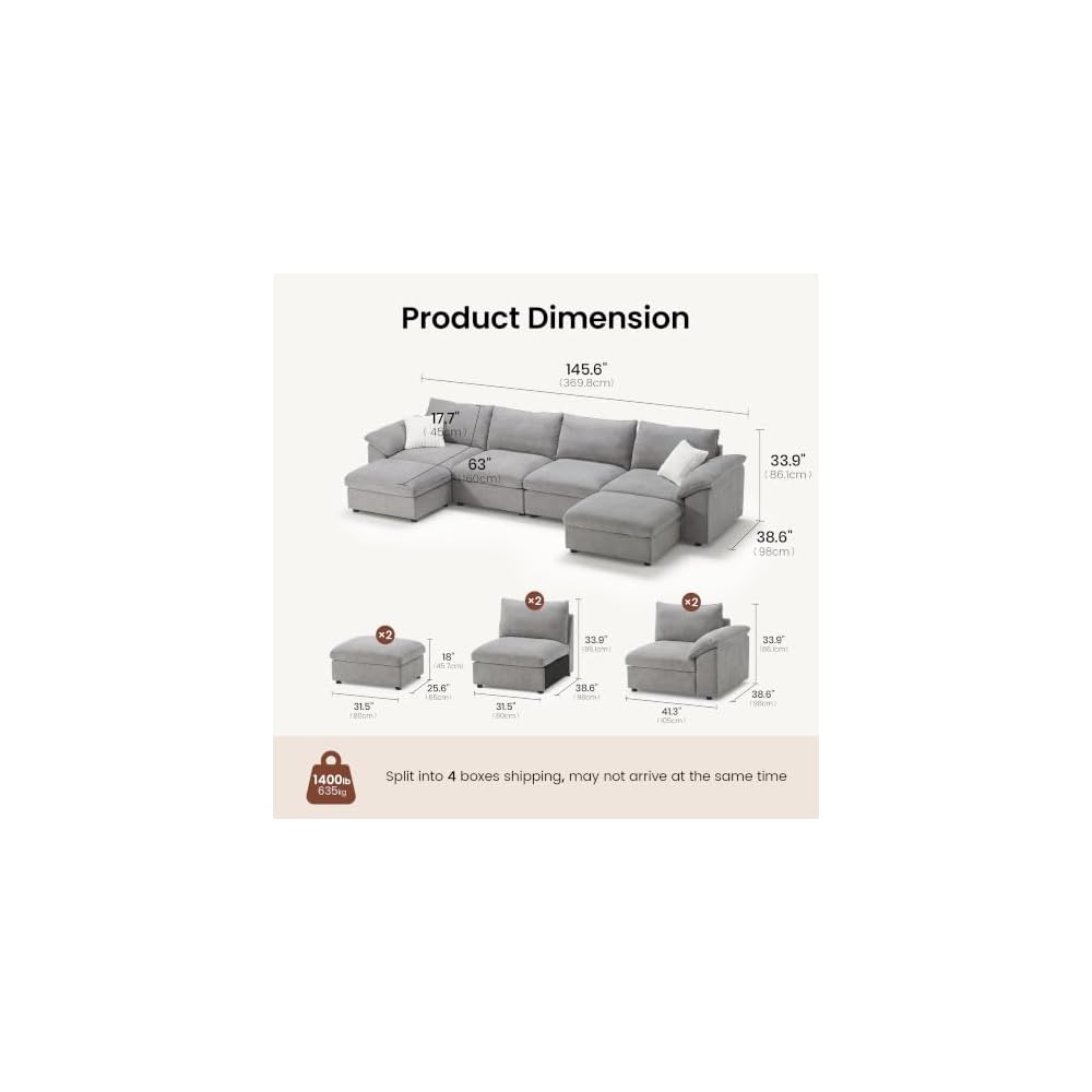 ModernMate 145.6" Oversized Modular Sectional Sofa, Down Filled Cloud Couch with Storage Ottoman, U Shaped Couch with 2 Pillows, 6 Seater Sectional Couches for Living Room, Oeko-TEX Certified, Gray