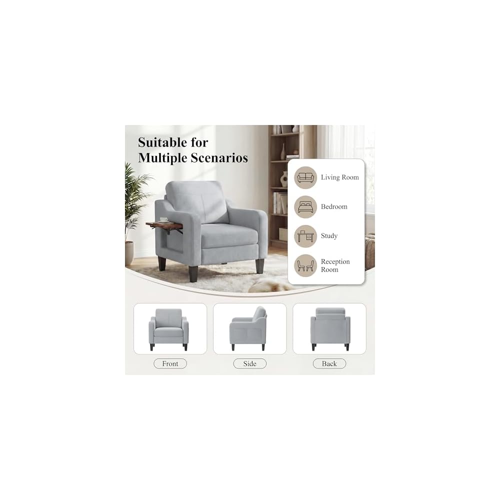 Accent Chair for Living Room, Mid-Century Upholstered Armchair with Foldable Table & 2 Side Pockets, Modern Linen Wooden Sofa Chair for Bedroom & Reading Room, Light Grey