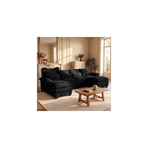 113" Cloud Couch Sectional Modular Sofa U Shaped Sectional Couches for Living Room Comfy Chenille 5 Seat Cloud Sofa Set with 4 Pillows, Chaise Lounge, Movable Ottoman, Jet Black