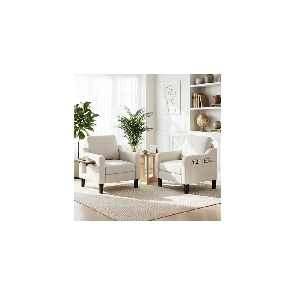 Accent Chair for Living Room, Mid-Century Upholstered Armchair with Foldable Table & 2 Side Pockets, Modern Linen Wooden Sofa Chair for Bedroom & Reading Room, Light Grey
