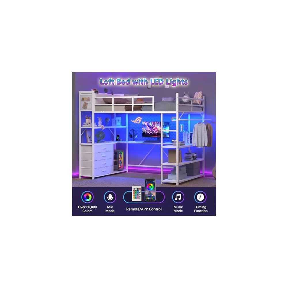 CSZZD White Loft Bed Twin Size with U-Shaped Desk and Upholstered Headboard
