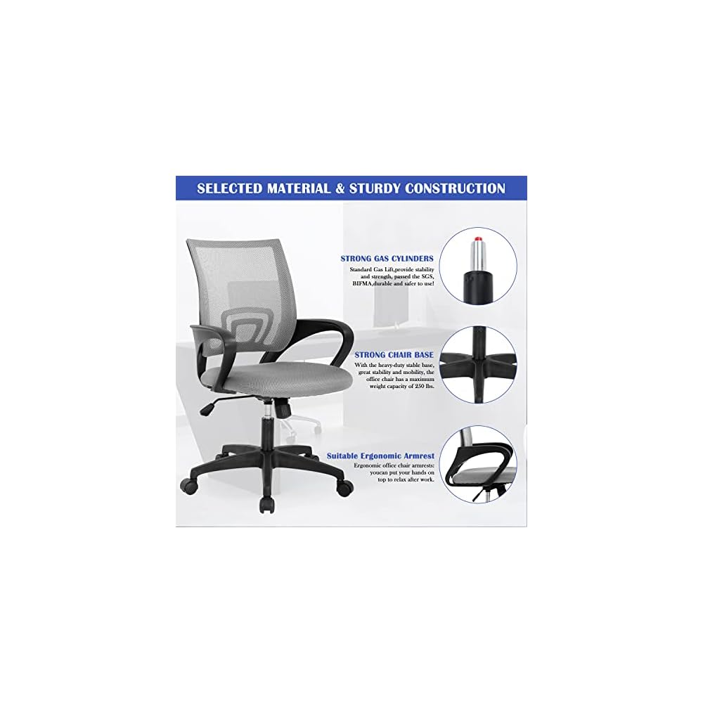 FLL Ergonomic Adjustable Office Chair Mesh Computer Desk Executive Task Chair Adjustable Height,Swivel Computer Mesh Chair Task Chair Lumbar Support Armrest for Home Office,Grey, 19 x 20 x 38 inches