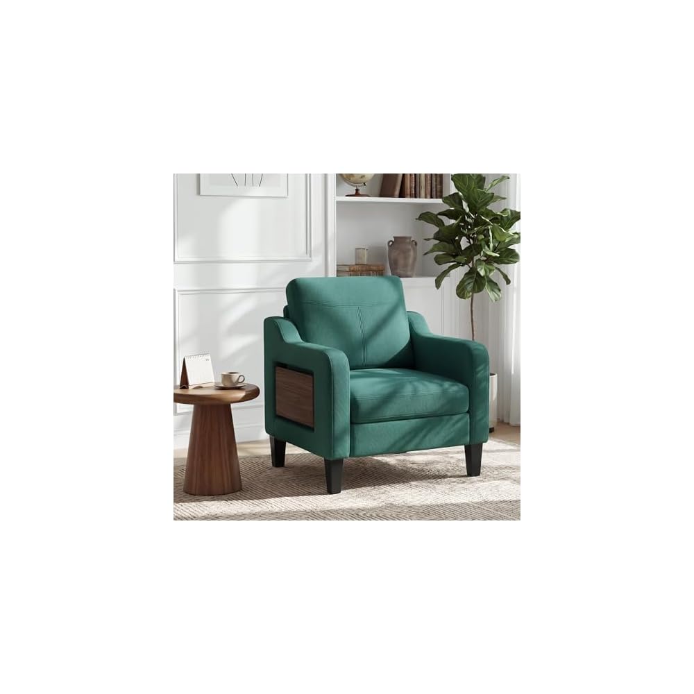 Accent Chair for Living Room, Mid-Century Upholstered Armchair with Foldable Table & 2 Side Pockets, Modern Linen Wooden Sofa Chair for Bedroom & Reading Room, Light Grey