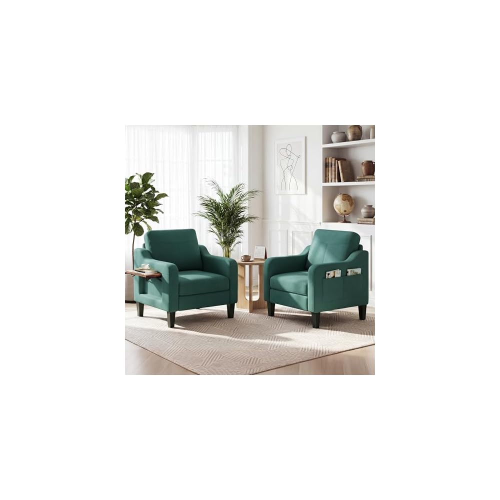 Accent Chair for Living Room, Mid-Century Upholstered Armchair with Foldable Table & 2 Side Pockets, Modern Linen Wooden Sofa Chair for Bedroom & Reading Room, Light Grey