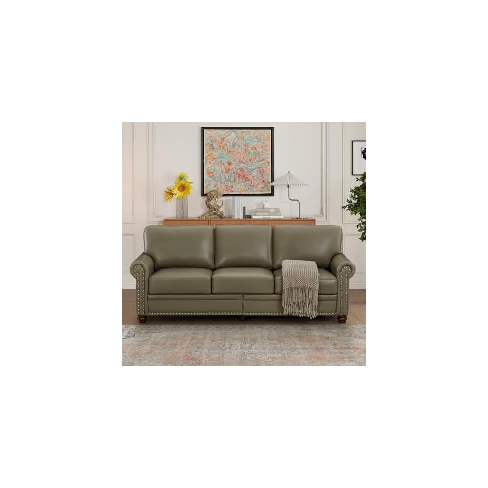 KEIKI 82.68" Chesterfield Sofa, Retro Style Upholstered Faux Leather PU Couch with Storage Space, Rolled Arm, Nailhead for Living Room Bedroom Office Apartment, Gray