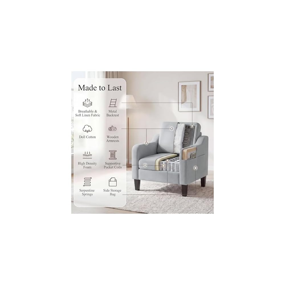 Accent Chair for Living Room, Mid-Century Upholstered Armchair with Foldable Table & 2 Side Pockets, Modern Linen Wooden Sofa Chair for Bedroom & Reading Room, Light Grey