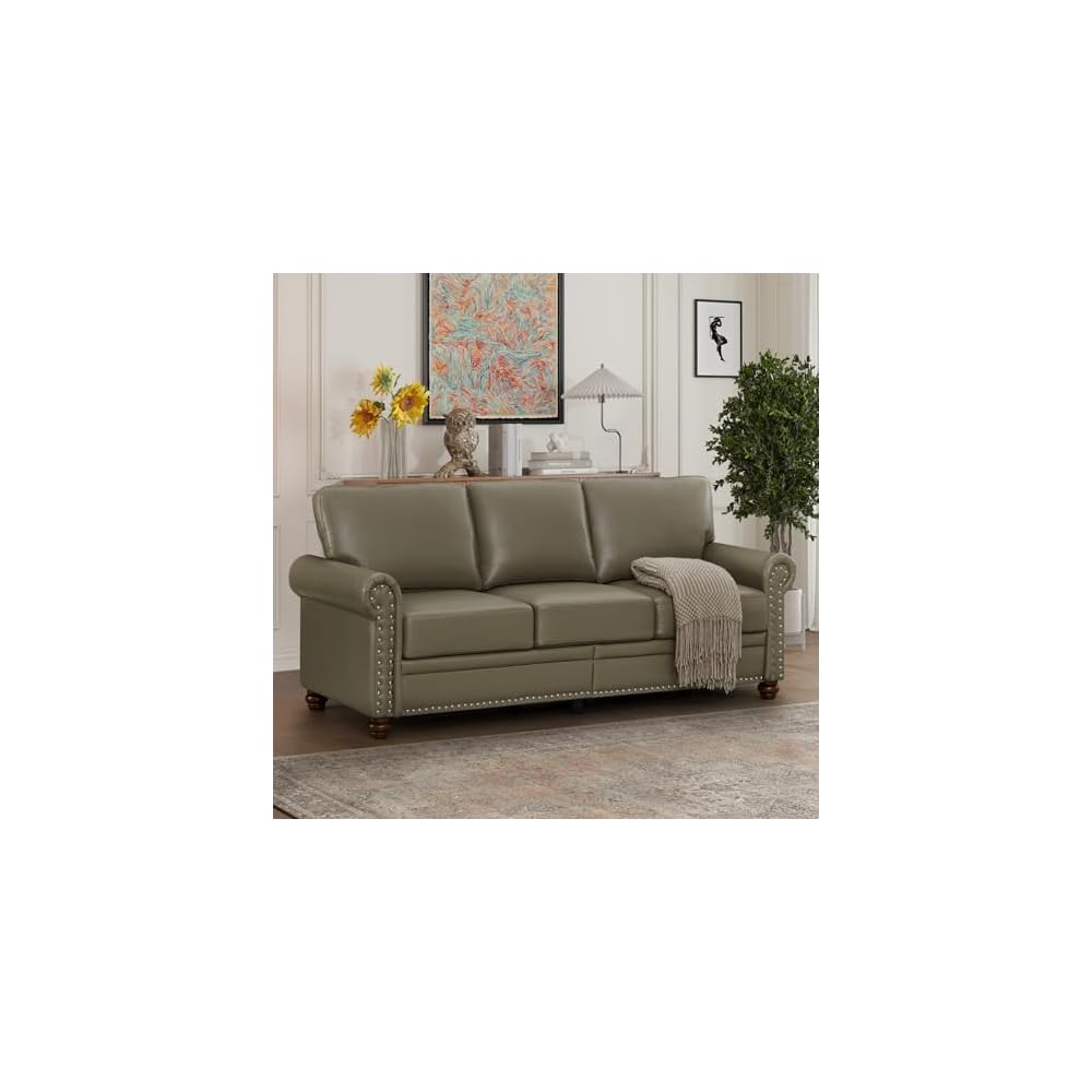 KEIKI 82.68" Chesterfield Sofa, Retro Style Upholstered Faux Leather PU Couch with Storage Space, Rolled Arm, Nailhead for Living Room Bedroom Office Apartment, Gray