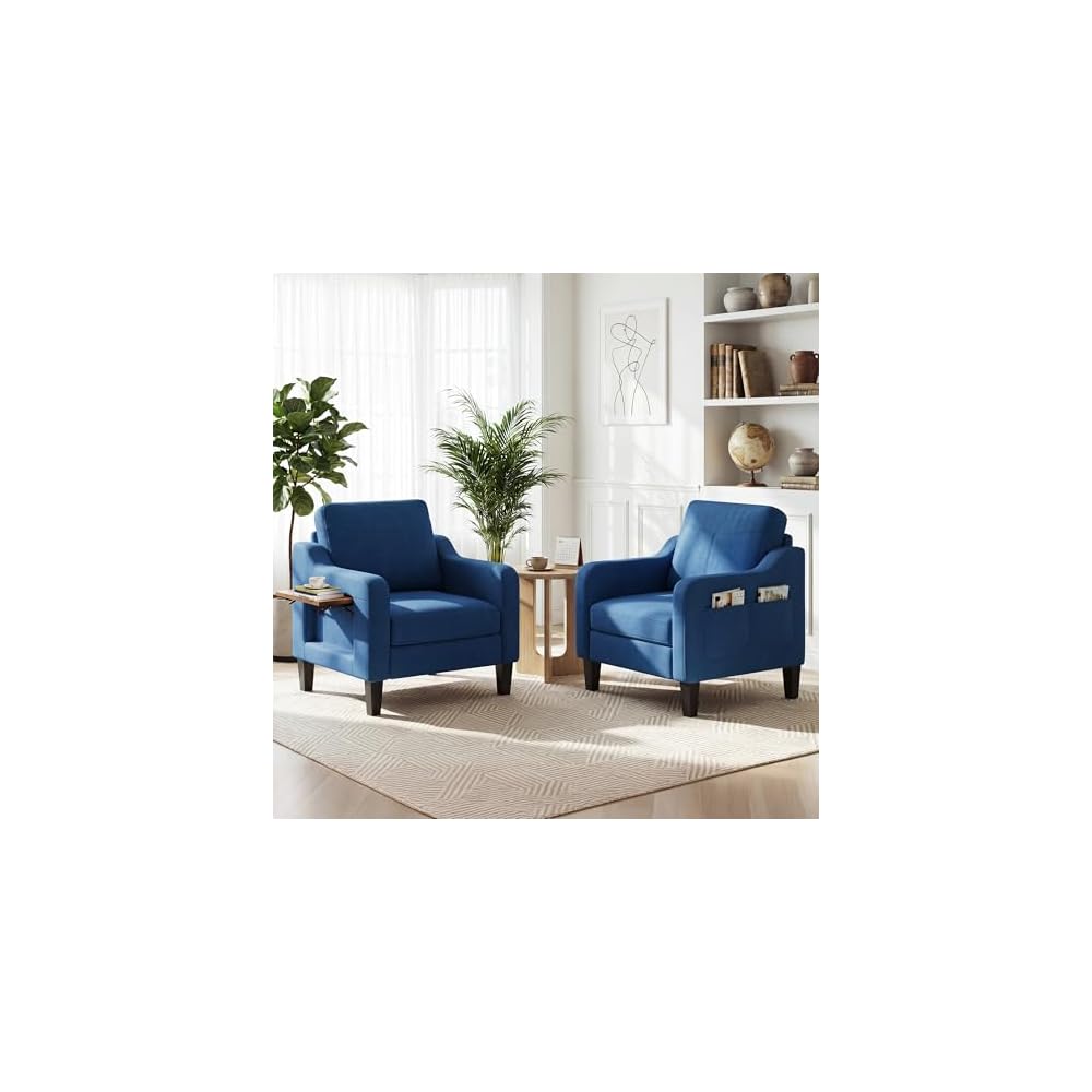 Accent Chair for Living Room, Mid-Century Upholstered Armchair with Foldable Table & 2 Side Pockets, Modern Linen Wooden Sofa Chair for Bedroom & Reading Room, Light Grey