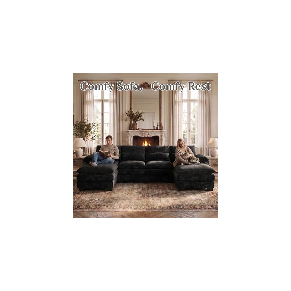 113" Cloud Couch Sectional Modular Sofa U Shaped Sectional Couches for Living Room Comfy Chenille 5 Seat Cloud Sofa Set with 4 Pillows, Chaise Lounge, Movable Ottoman, Jet Black