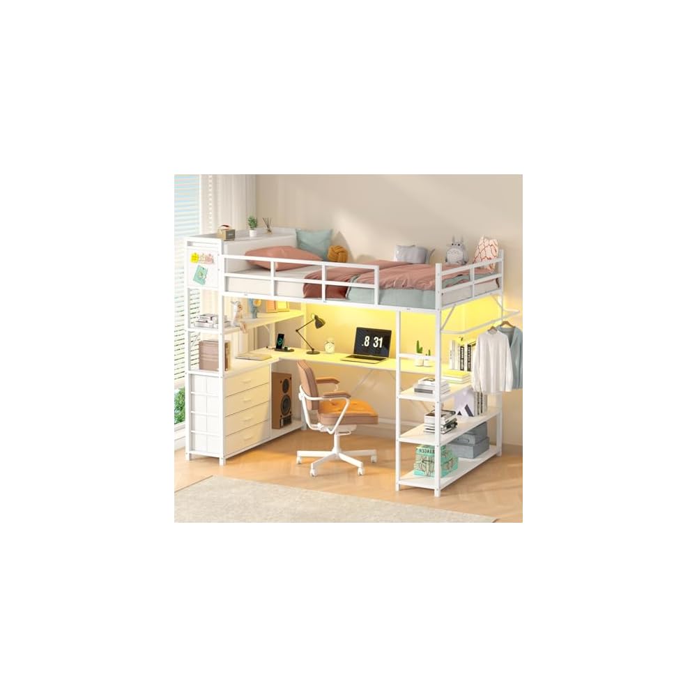 CSZZD White Loft Bed Twin Size with U-Shaped Desk and Upholstered Headboard