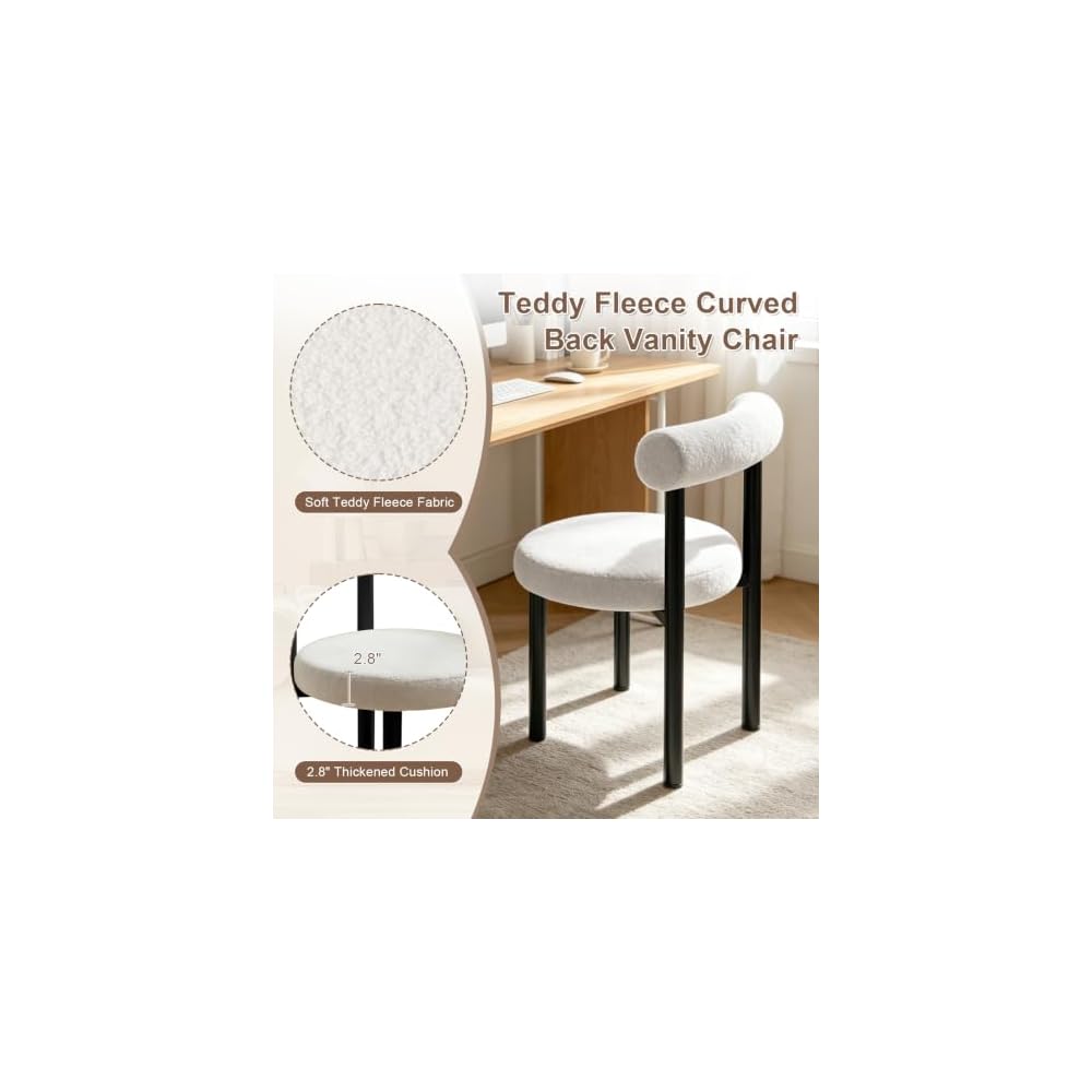Small Armless Desk Chair with Back, Teddy Fabric Vainty Chair