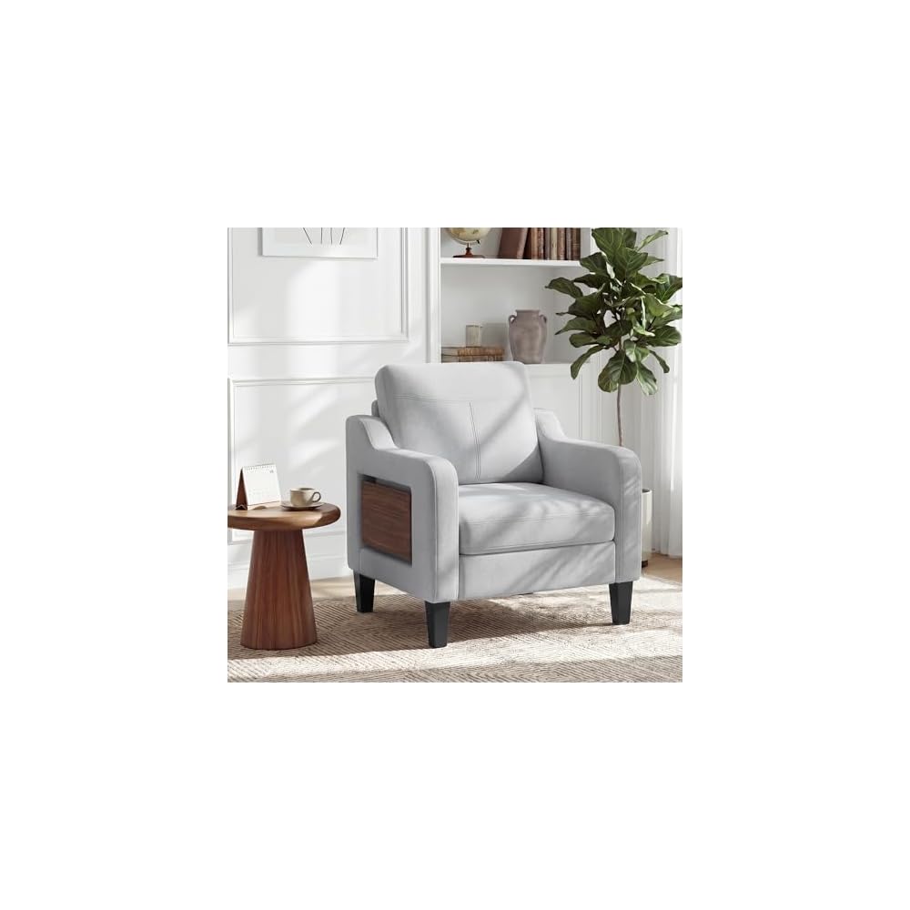 Accent Chair for Living Room, Mid-Century Upholstered Armchair with Foldable Table & 2 Side Pockets, Modern Linen Wooden Sofa Chair for Bedroom & Reading Room, Light Grey