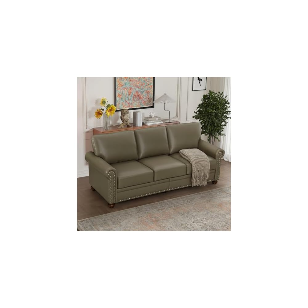 KEIKI 82.68" Chesterfield Sofa, Retro Style Upholstered Faux Leather PU Couch with Storage Space, Rolled Arm, Nailhead for Living Room Bedroom Office Apartment, Gray