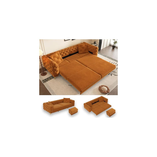 97.7" King Pull Out Sofa Bed, Velvet Chesterfield Sleeper Sofa Couch, 3 in 1 Convertible Tufted Futon Couches with Ottoman for Living Room, Small Space, Apartment, Office, Bedroom, Orange