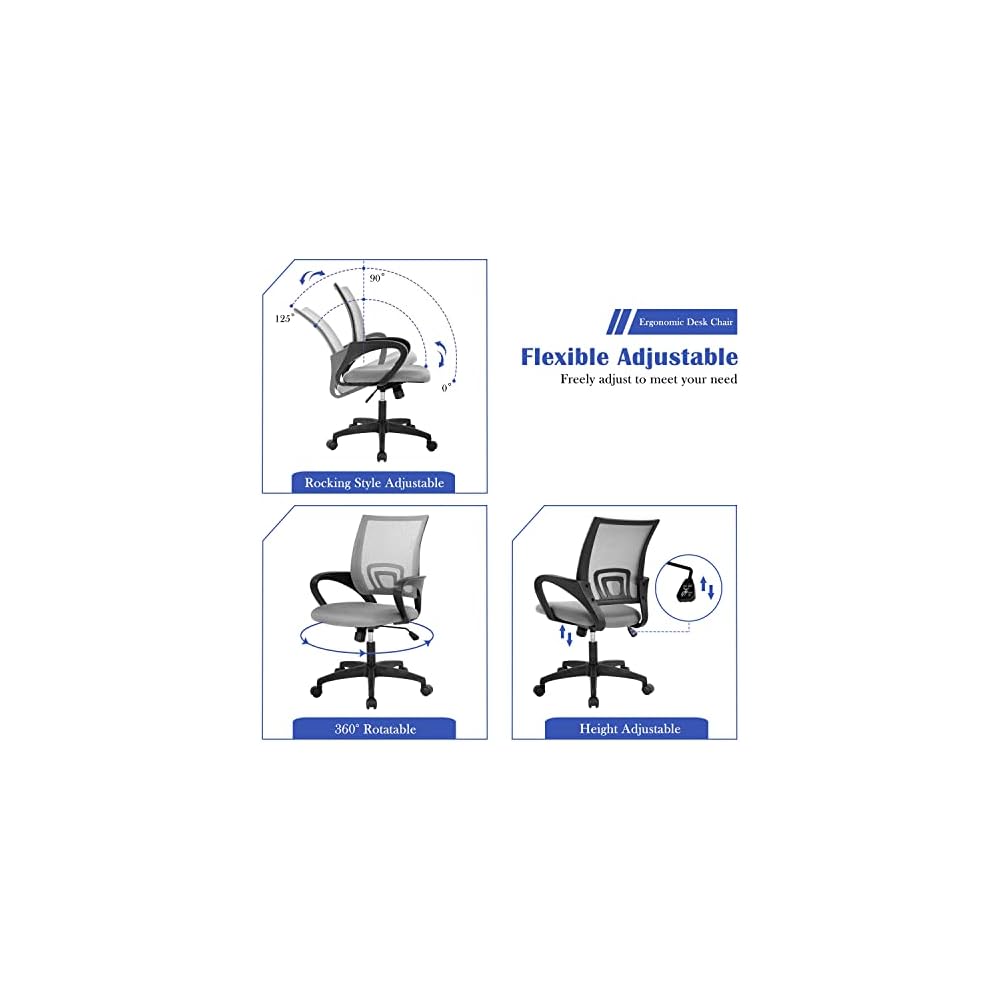 FLL Ergonomic Adjustable Office Chair Mesh Computer Desk Executive Task Chair Adjustable Height,Swivel Computer Mesh Chair Task Chair Lumbar Support Armrest for Home Office,Grey, 19 x 20 x 38 inches