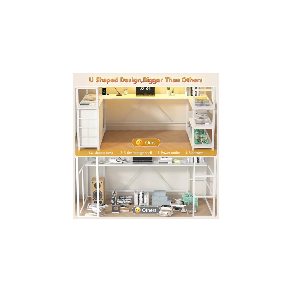 CSZZD White Loft Bed Twin Size with U-Shaped Desk and Upholstered Headboard