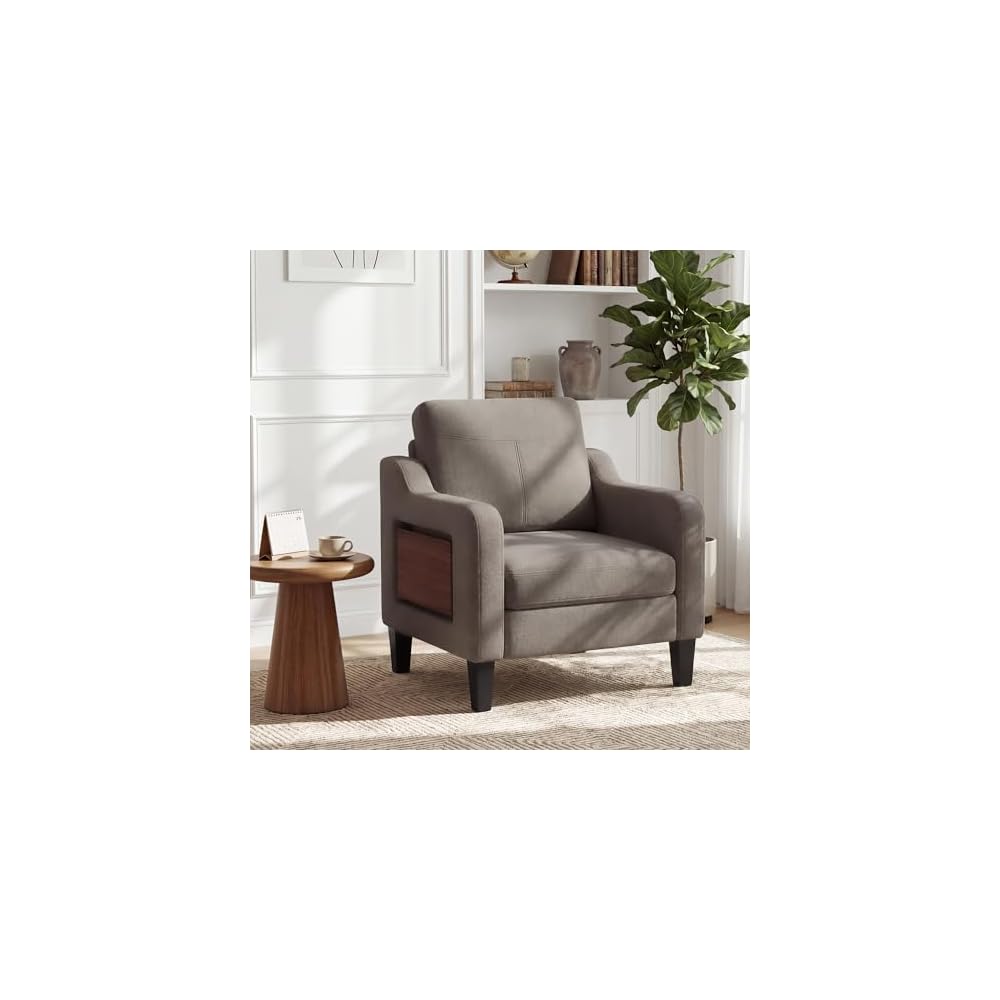 Accent Chair for Living Room, Mid-Century Upholstered Armchair with Foldable Table & 2 Side Pockets, Modern Linen Wooden Sofa Chair for Bedroom & Reading Room, Light Grey