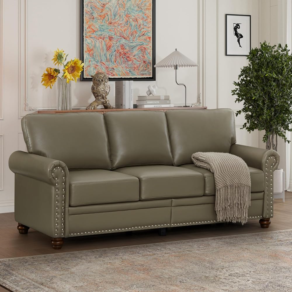 KEIKI 82.68" Chesterfield Sofa, Retro Style Upholstered Faux Leather PU Couch with Storage Space, Rolled Arm, Nailhead for Living Room Bedroom Office Apartment, Gray