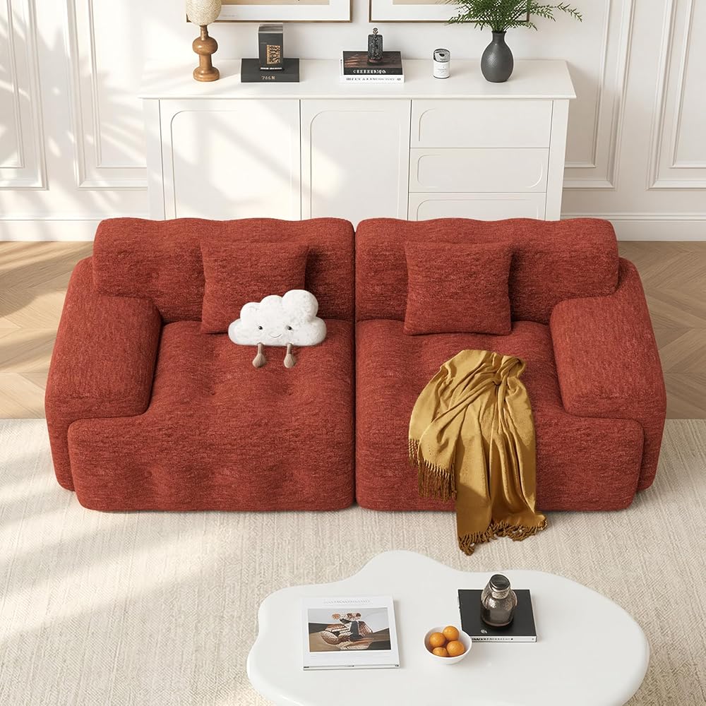 83" Boneless Loveseat Sofa in a Box, Modern Small Couch No Assembly Required, Comfy Deep Seat Cloud Couches for Living Room, Bedroom, Apartment, Red Brown1 PCS